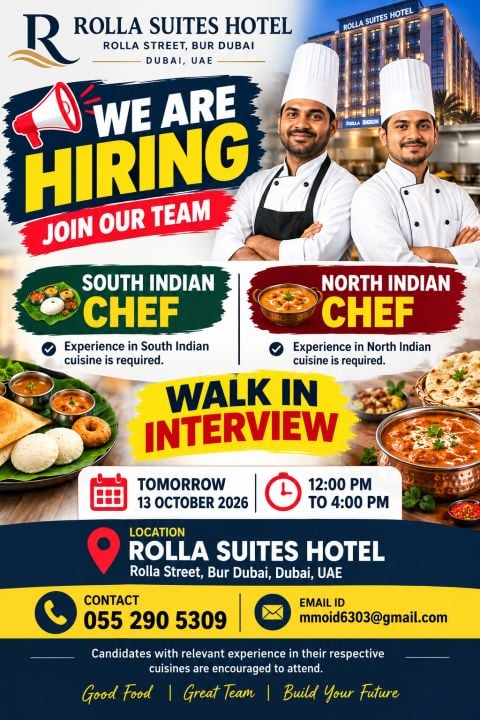 Chef walk-in interview at Rolla Suites Hotel in Dubai