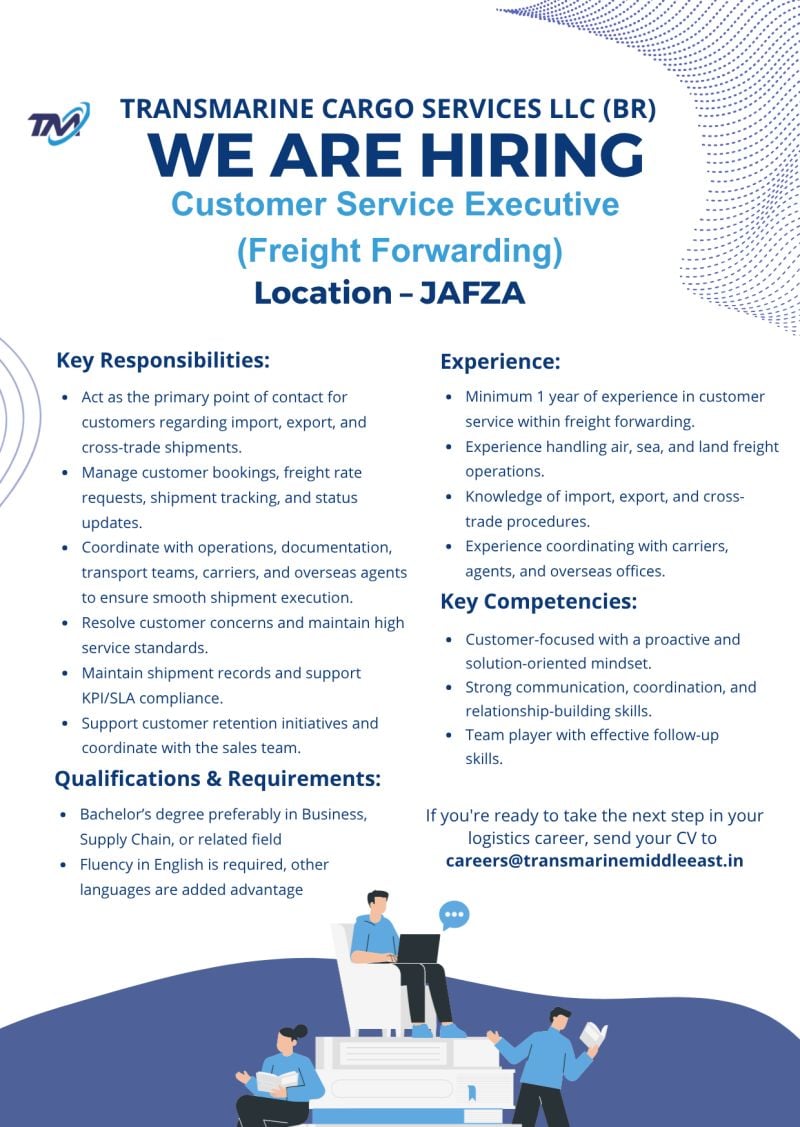 Transmarine Cargo Services LLC Hiring Customer Service Executives – JAFZA, Dubai - Flyer