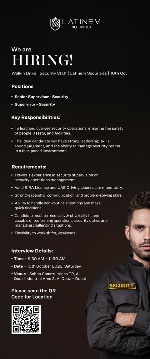Walk-In Interview - Latinem Securities Hiring Security Staff – Dubai - Walk-In Interview Flyer
