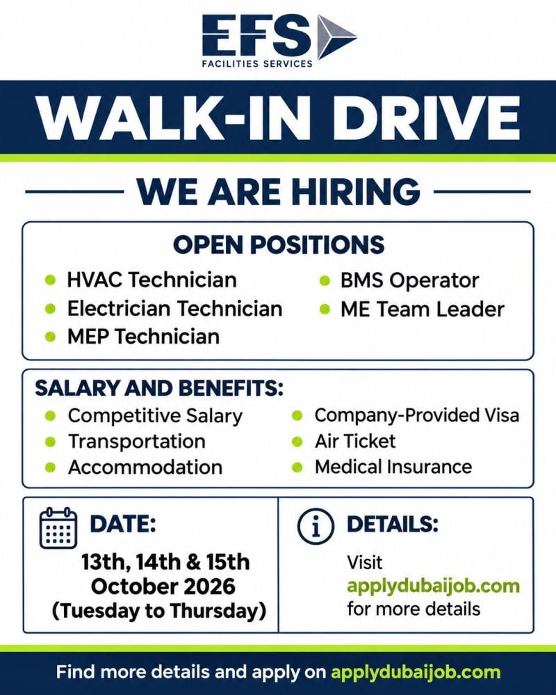 HVAC Technicians walk-in interview at EFS Facilities Services in UAE