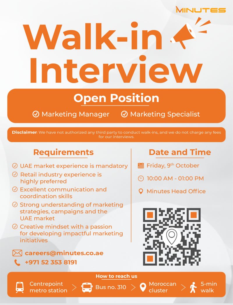 Walk-In Interview - Minutes Hiring Marketing Manager, Marketing Specialist & More – Dubai - Walk-In Interview Flyer