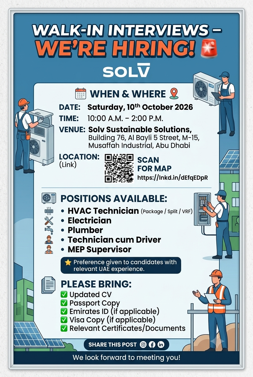 Walk-In Interview - Solv Hiring HVAC Technician, Electrician & More – Abu Dhabi - Walk-In Interview Flyer