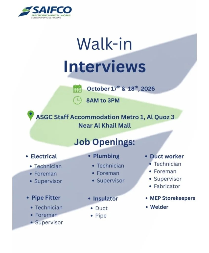 Electromechanical Technician walk-in interview at SAIFCO Electromechanical Works in Al Quoz, Dubai