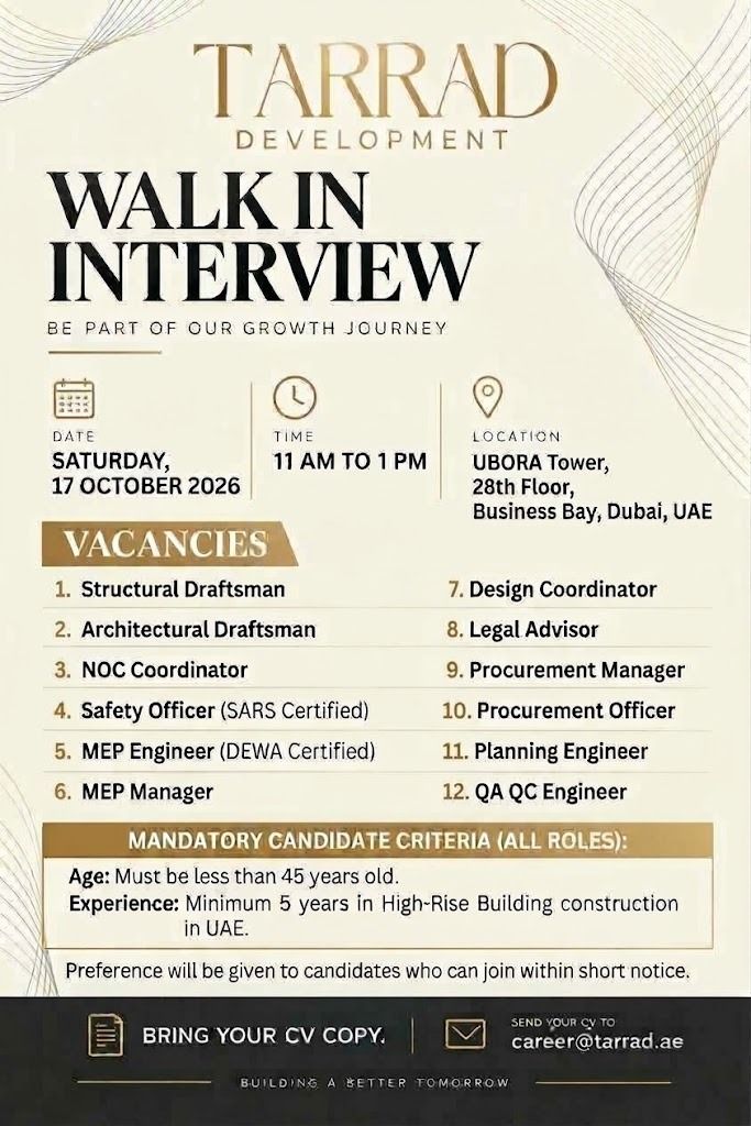 Recruitment poster for Tarrad Construction Walk-In Dubai | 17 October 2026