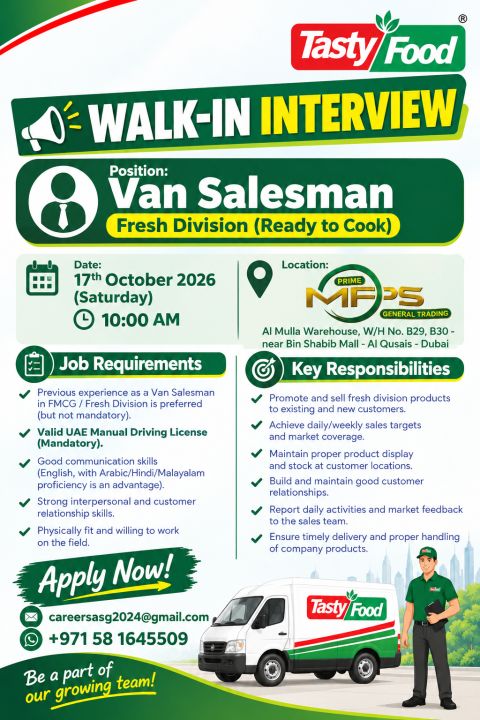 Van Salesman walk-in interview at Tasty Food in Al Qusais, Dubai