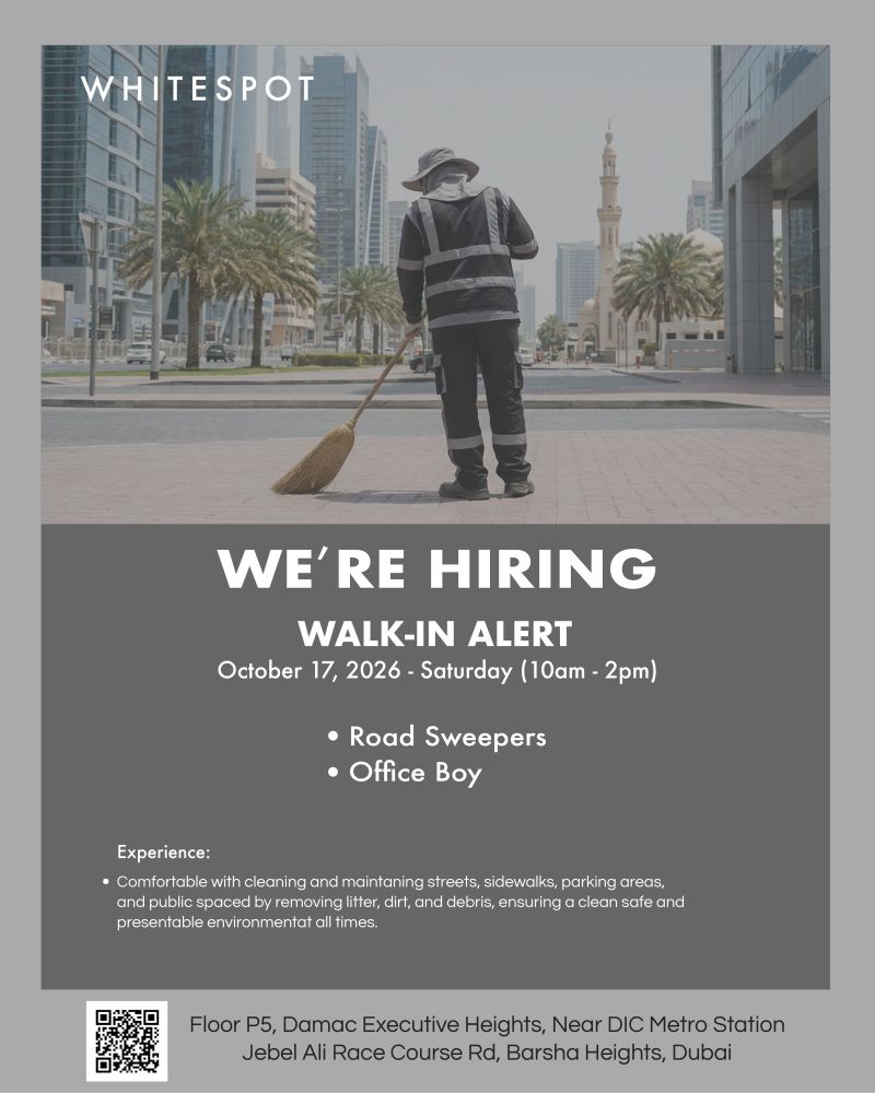 Recruitment poster for Whitespot Cleaning Walk-In Dubai | 17 October 2026